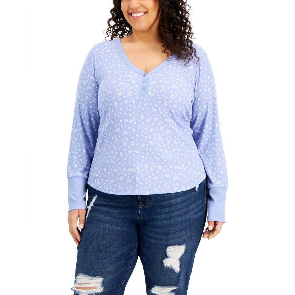 NEW HIPPIE ROSE trendy plus size print henley top in peri floral
